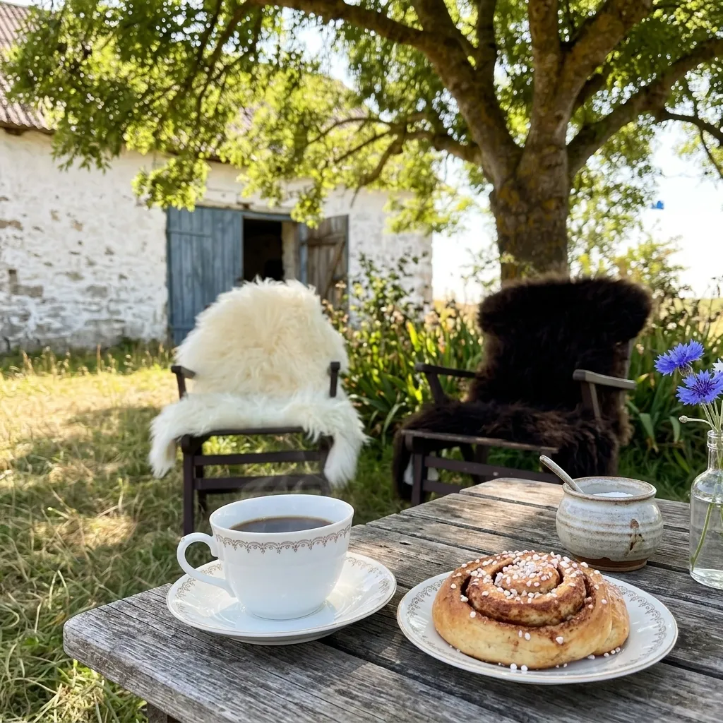Kopp kaffe och en färsk kanelbulle på ett träbord