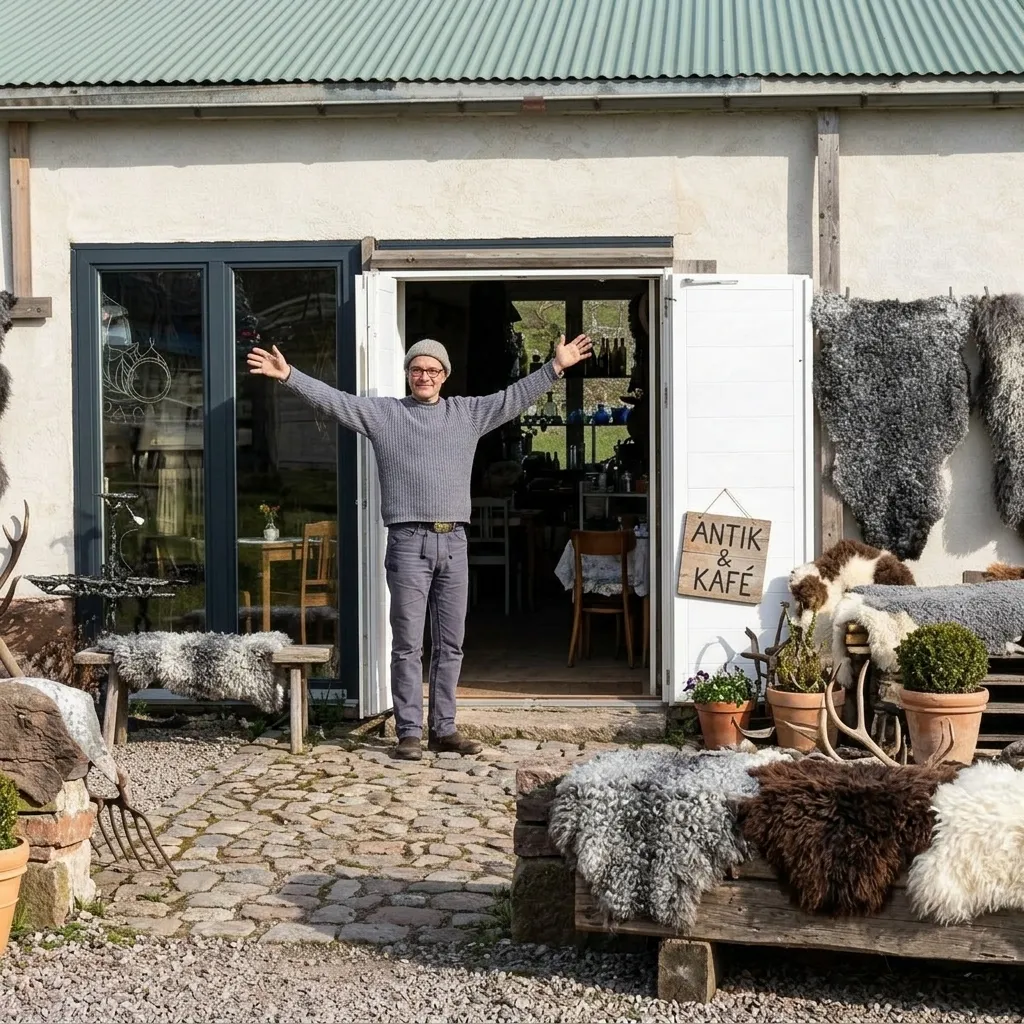 Mysig interiör från Mysinge Antik med en kopp kaffe och fårskinn